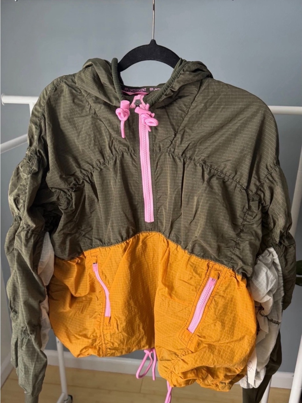 FP Movement Happy Camper Colorblock Windbreaker Pullover Olive Gold Women's S